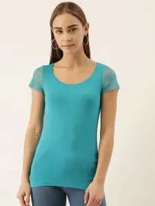 zebu Women Turquoise Blue Solid Round Neck T-shirt