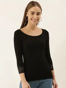 zebu Women Black Slim Fit Solid Round Neck T-shirt with Lace Detailing