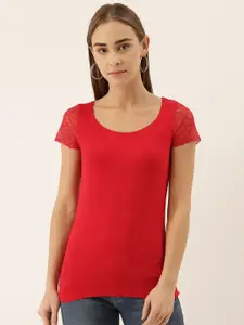 zebu Women Red Slim Fit Solid Round Neck T-shirt with Lace Detailing