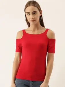 zebu Women Red Solid Fitted Top With Cold Shoulder Sleeves