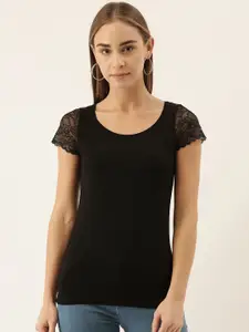 zebu Women Black Slim Fit Solid Round Neck T-shirt with Lace Detailing