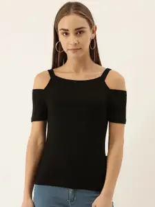 zebu Women Black Slim Fit Solid Boat Neck T-shirt with Cold-Shoulder Sleeve