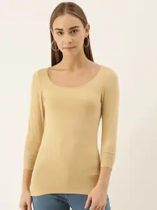 zebu Women Beige Solid Knitted Fitted Top With Lace Inserts