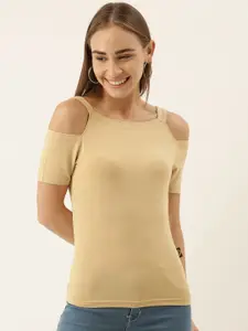 zebu Women Beige Slim Fit Solid Boat Neck T-shirt with Cold-Shoulder Sleeve