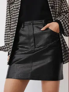 MANGO Women Black Croc Textured Mini Straight Skirt