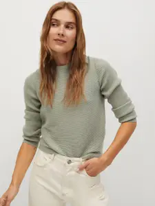 MANGO Women Green Ribbed Twisted Back Pullover