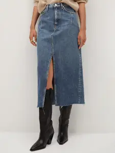 MANGO Blue Sustainable Denim Front Slit Straight Skirt