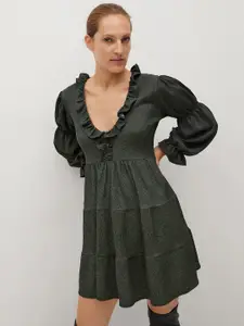 MANGO Women Green & Navy Blue Printed Scoop Neck Tiered A-Line Dress