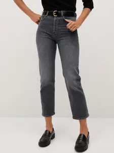 MANGO Charcoal Grey Sustainable Straight Fit Mid-Rise Clean Look Stretchable Crop Jeans
