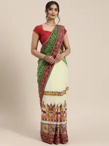 Mitera Green & Off-White Pure Georgette Embroidered Bandhani Saree