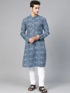 See Designs Men Blue & White Hand Block Print Sustainable Straight Kurta