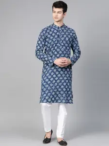 See Designs Men Navy Blue & White Hand Block Print Sustainable Handloom Kurta with Pyjamas