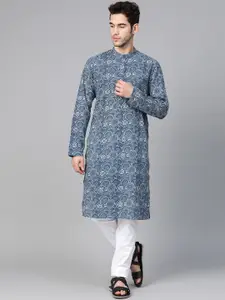 See Designs Men Navy & White Hand Block Printed Sustainable Handloom Kurta with Pyjamas