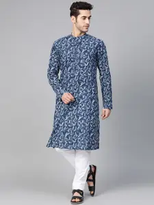 See Designs Men Navy & White Hand Block Printed Sustainable Handloom Kurta with Pyjamas
