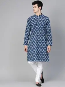 See Designs Men Navy Blue & White Handloom Handblock Print  Straight Kurta