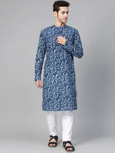 See Designs Men Navy Blue & White Handloom Handblock Print Sustainable Straight Kurta