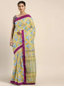 KALINI Blue & Mustard Yellow Silk Blend Printed Ikat Saree