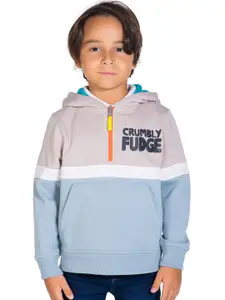 Cherry Crumble Boys Beige & Blue Colourblocked Hooded Sweatshirt