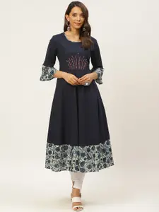 FABRIC FITOOR Women Navy Blue & Off-White Floral Detail A-Line Kurta