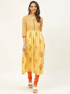 FABRIC FITOOR Women Yellow & Orange Floral Printed A-Line Kurta