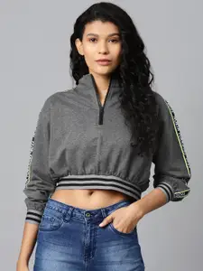Hubberholme Women Charcoal Grey Cropped Solid Sweatshirt