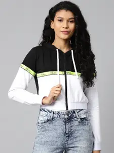 Hubberholme Women Black & White Colourblocked Hooded Sweatshirt