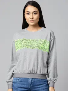 Hubberholme Women Grey Melange & Fluorescent Green Printed Sweatshirt