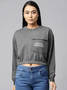 Hubberholme Women Charcoal Grey Pocket Detailing Cropped Sweatshirt