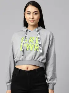 Hubberholme Women Grey Melange & Lime Green Printed Cropped Hooded Sweatshirt