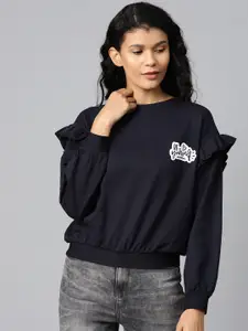 Hubberholme Women Navy Blue Solid Ruffled Sweatshirt