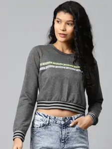 Hubberholme Women Charcoal Grey Brand Logo Taping Cropped Sweatshirt