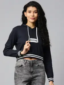 Hubberholme Women Navy Blue Printed Detail Cropped Hooded Sweatshirt