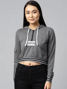 Hubberholme Women Charcoal Grey Solid Hooded Cropped Sweatshirt