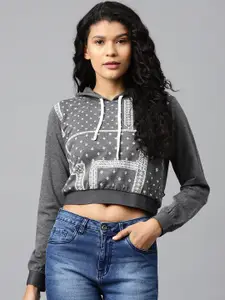 Hubberholme Women Charcoal Grey & White Printed Hooded Cropped Sweatshirt