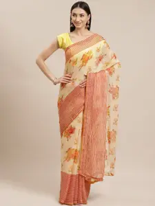 Shaily Cream-Coloured & Pink Floral Printed Saree