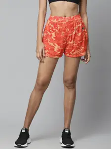 skyria Women Orange Printed Loose Fit Layered Sports Shorts