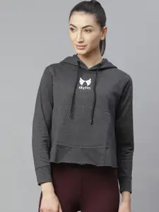 skyria Women Charcoal Grey Solid Styled Back Hooded Cropped Sweatshirt