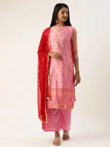 Rajnandini Pink & Red Silk Blend Unstitched Dress Material