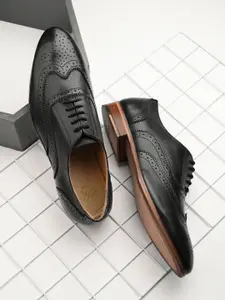 House of Pataudi Men Black Leather Handcrafted Formal Brogues