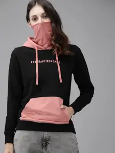 Roadster Women Black  Pink Printed Hooded Sweatshirt