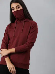 Roadster Women Maroon Solid Hooded Sweatshirt With Extended Mask detail