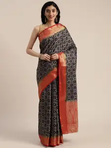 MIMOSA Navy Blue & Beige Art Silk Woven Design Kanjeevaram Saree