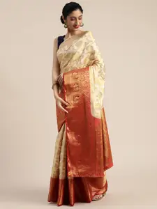 MIMOSA Cream-Coloured Art Silk Woven Design Kanjeevaram Saree