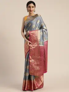 MIMOSA Grey & Gold-Toned Art Silk Woven Design Kanjeevaram Saree