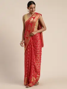 Geroo Jaipur Red Floral Zari Hand Woven Georgette Saree