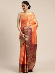 MIMOSA Orange & Gold-Toned Art Silk Woven Design Kanjeevaram Saree