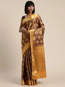 MIMOSA Brown & Golden Art Silk Woven Design Kanjeevaram Saree