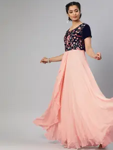 Inddus Women Peach-Coloured & Navy Blue Embroidered Fit and Flare Dress