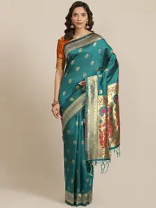 Saree mall Teal Green & Golden Woven Design Banarasi Saree