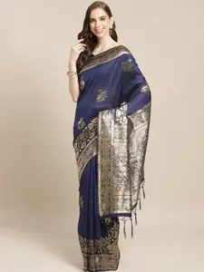 Saree mall Navy Blue & Golden Floral Woven Design Banarasi Saree